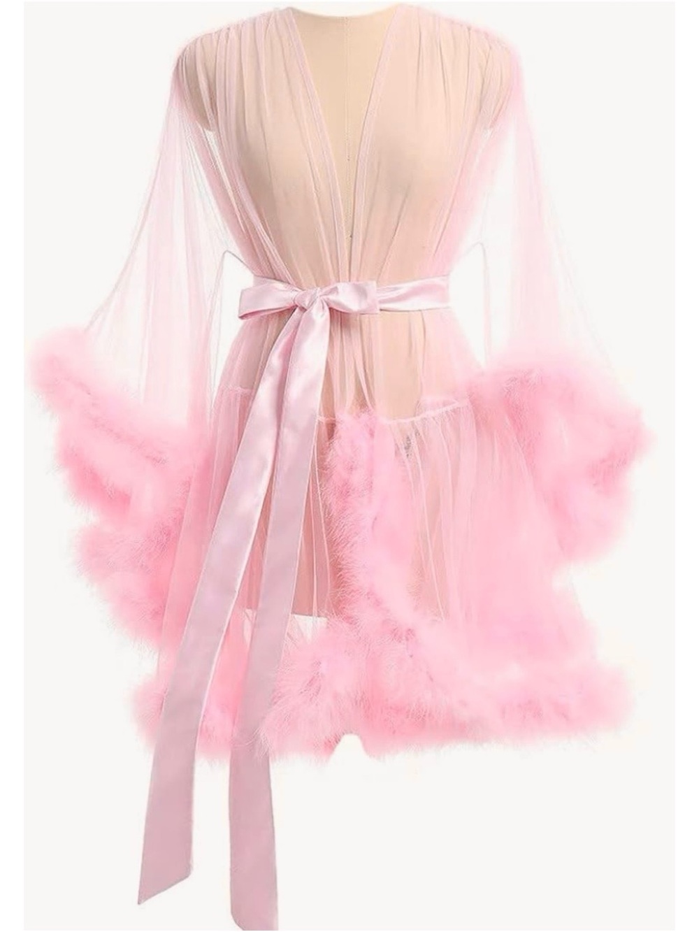 Pink Tulle Short Robe Ostrich Marabou Feather Trim Satin Belt One Size